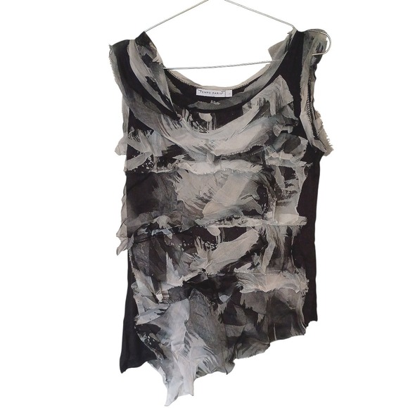 Tempo Paris Womens Asymmetric Abstract Ruffle Tank Top Black White Size L - Picture 2 of 11